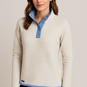 Straight Down Women's Gray Blue Quilted Mock Neck Pullover Gold Athleisure Sz Lg